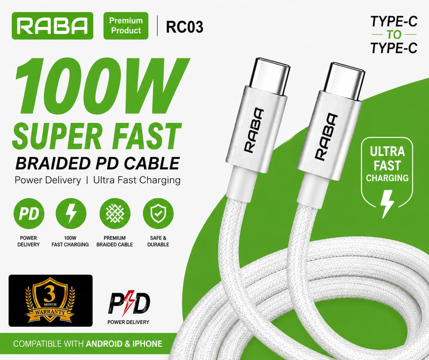 RABA RC03 Super Fast Braided Type-c to Type-c PD Cable
