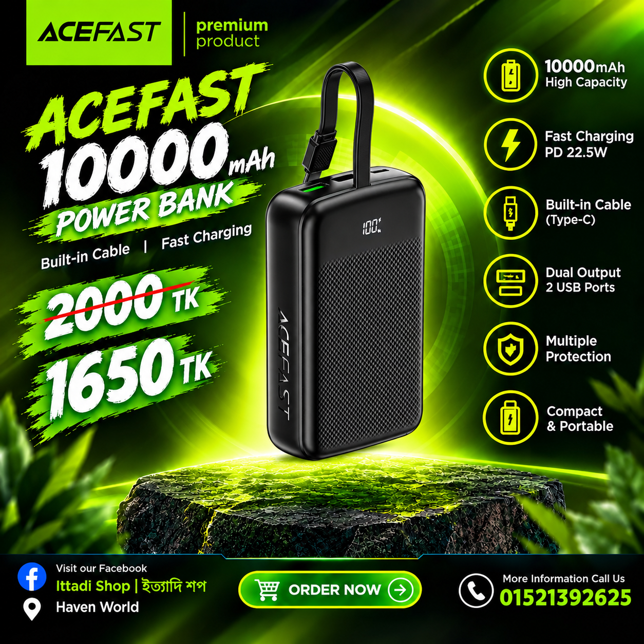 ACEFAST 10000mAh PD 22.5W Fast Power Bank (Built-in Cable)